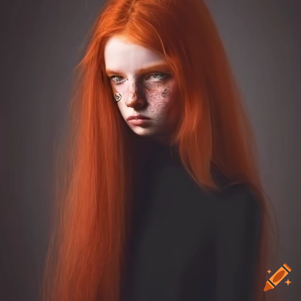 Portrait of a sad red-haired girl with freckles on Craiyon