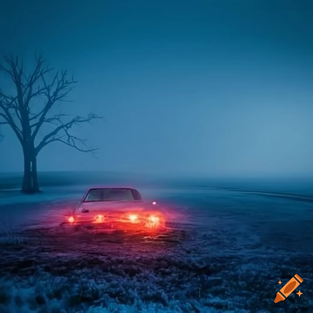 car parked in an open field at dusk