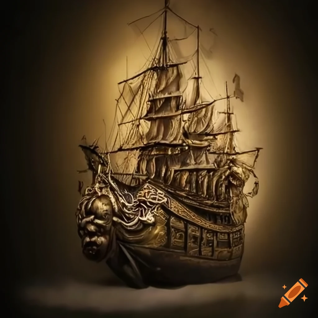 hyperrealistic artwork of a white golden pirate ship with rose decorations