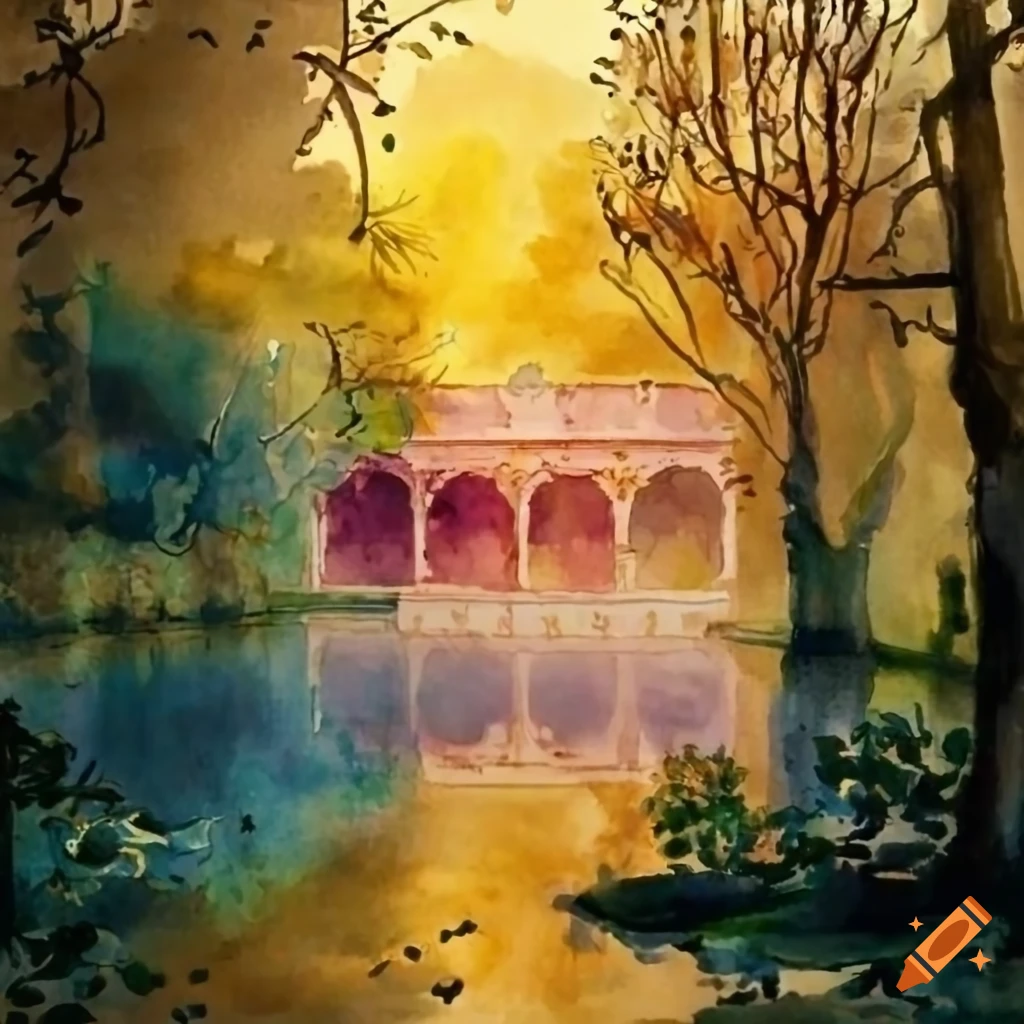 painting of a tranquil Victorian garden with a golden rococo balcony
