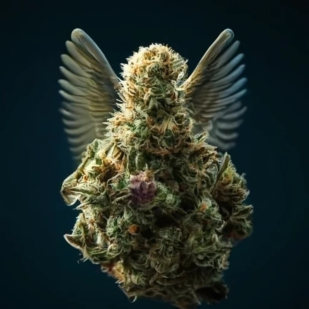 Artistic depiction of angel wings with cannabis buds and hashish on Craiyon