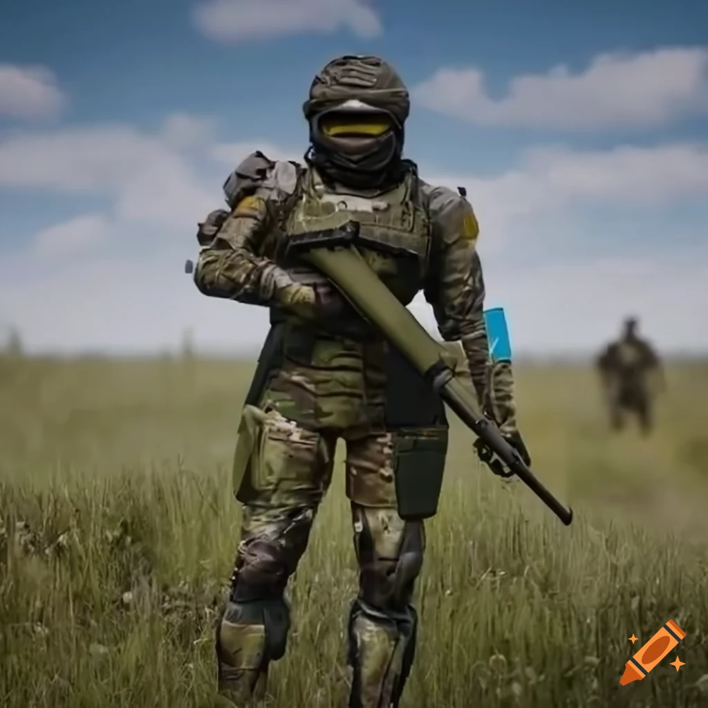 portrait of Ukrainian sci-fi soldiers with flag and tank