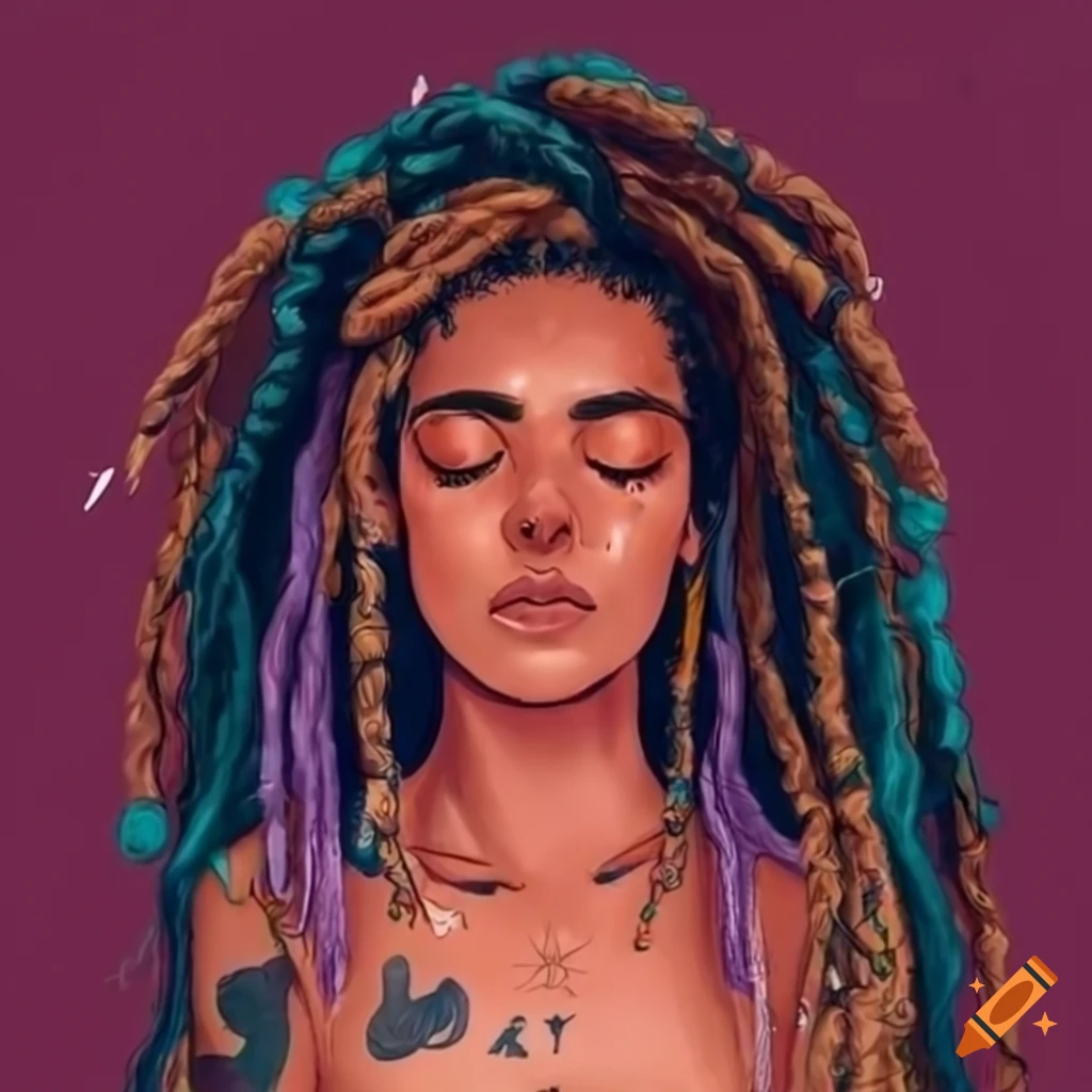 drawn image of a peaceful boho girl in a crystal-filled bath