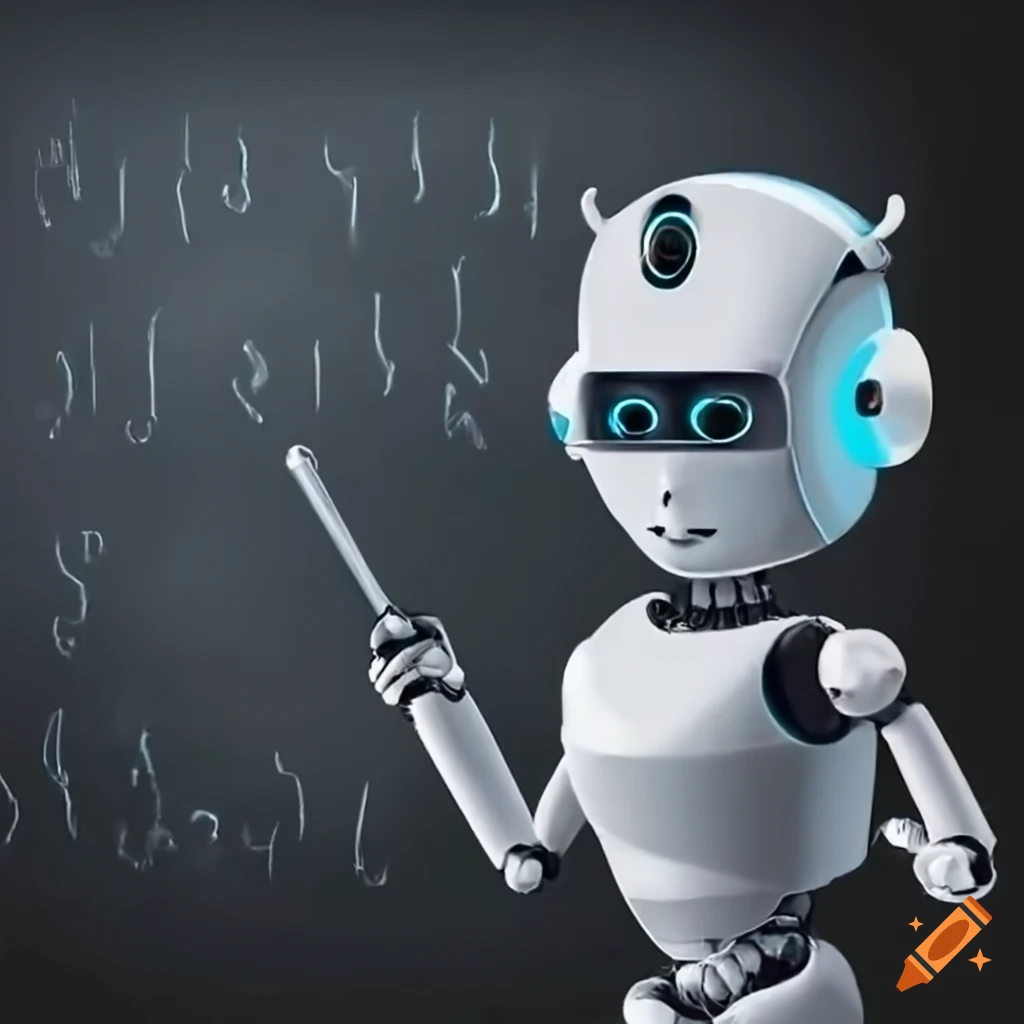 AI robot holding a baton in front of a blackboard