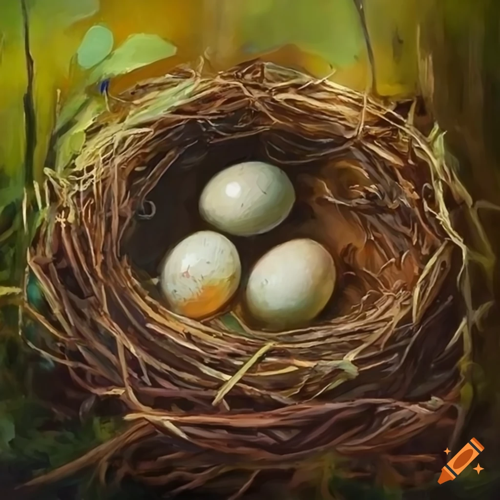 Oil painting of bird eggs in a forest nest on Craiyon