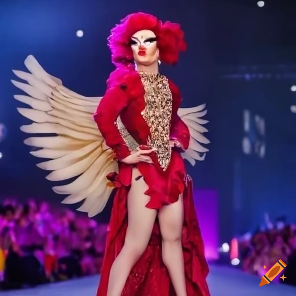 fierce drag queen in bird-themed outfit on the runway