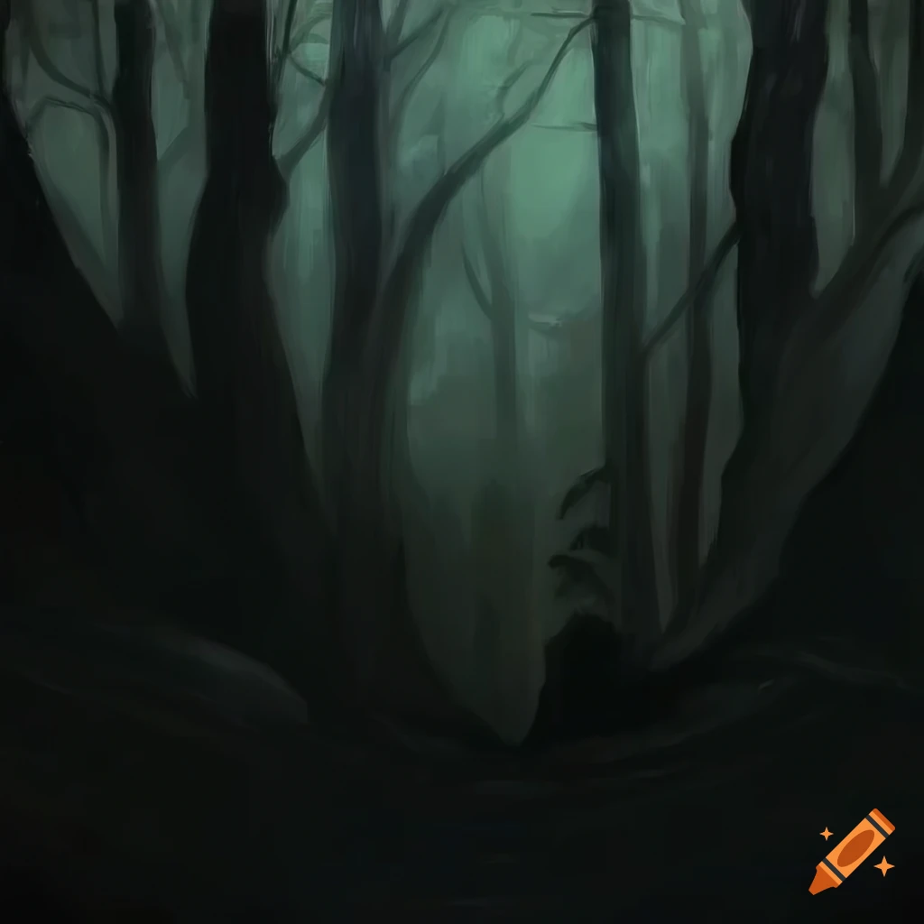Dark forest oil painting with a hidden monster on Craiyon