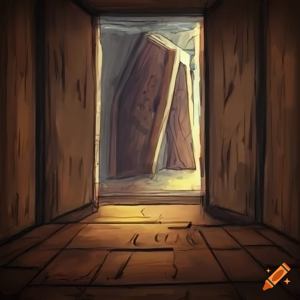 rough sketch of a wooden floor with an open cellar hatch