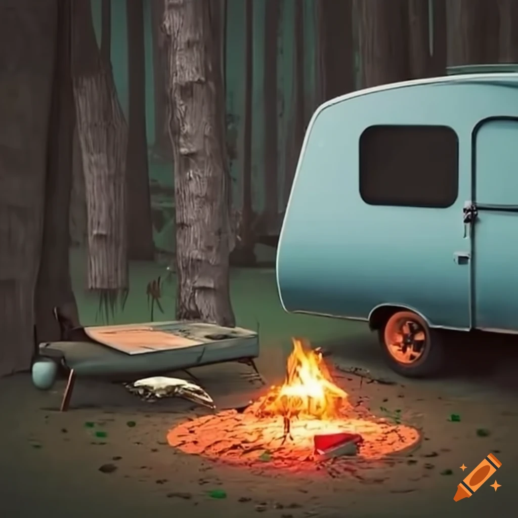 camping trailer by the lake with campers and firepit