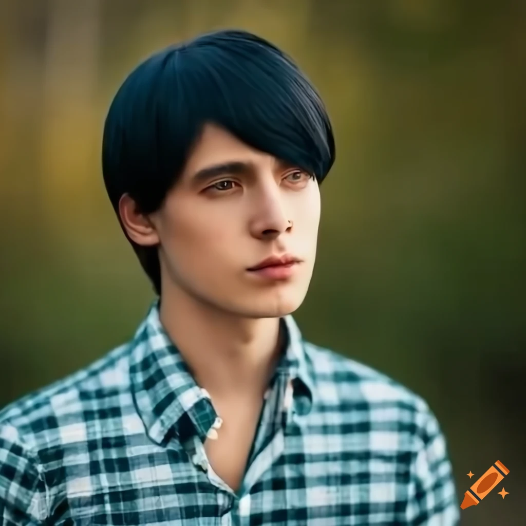 portrait of a person with bob hairstyle and aquamarine plaid shirt
