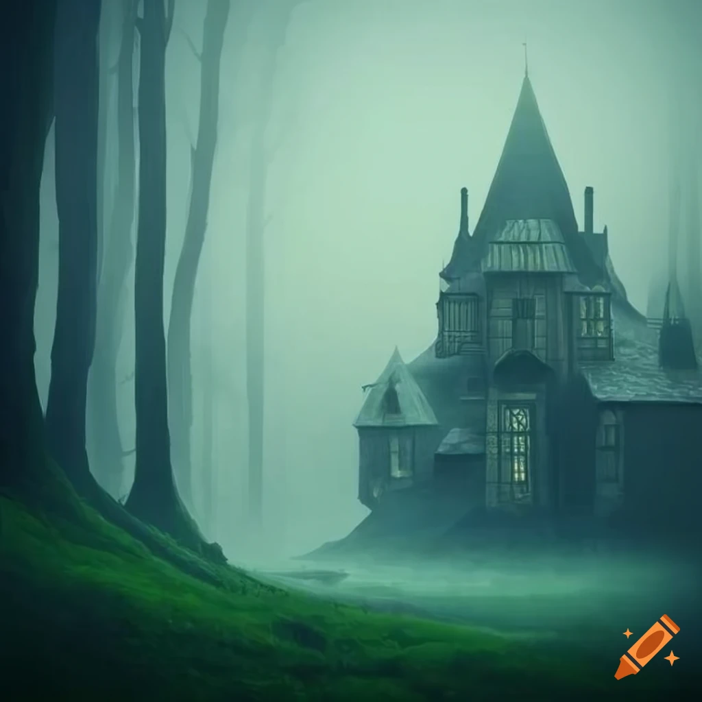 manor in a foggy fantasy forest