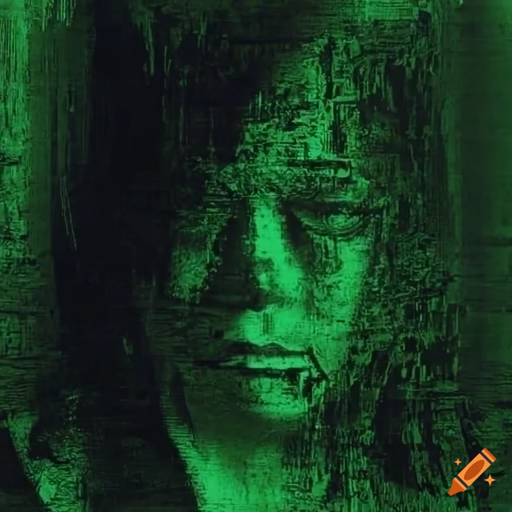 double exposure of oni with glitchy grunge textures in the background