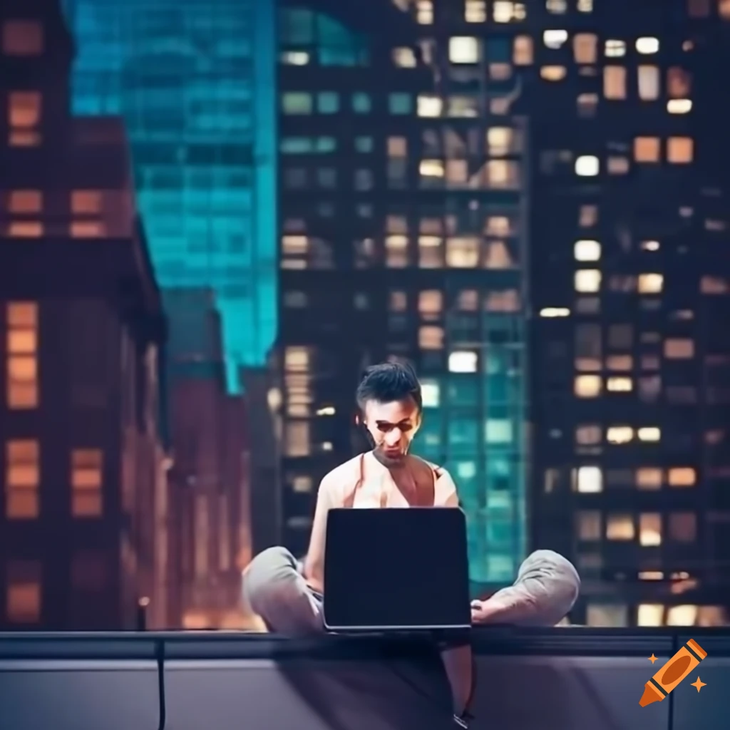 Realistic Artwork Of A Man Producing Music On A Laptop In New York City 