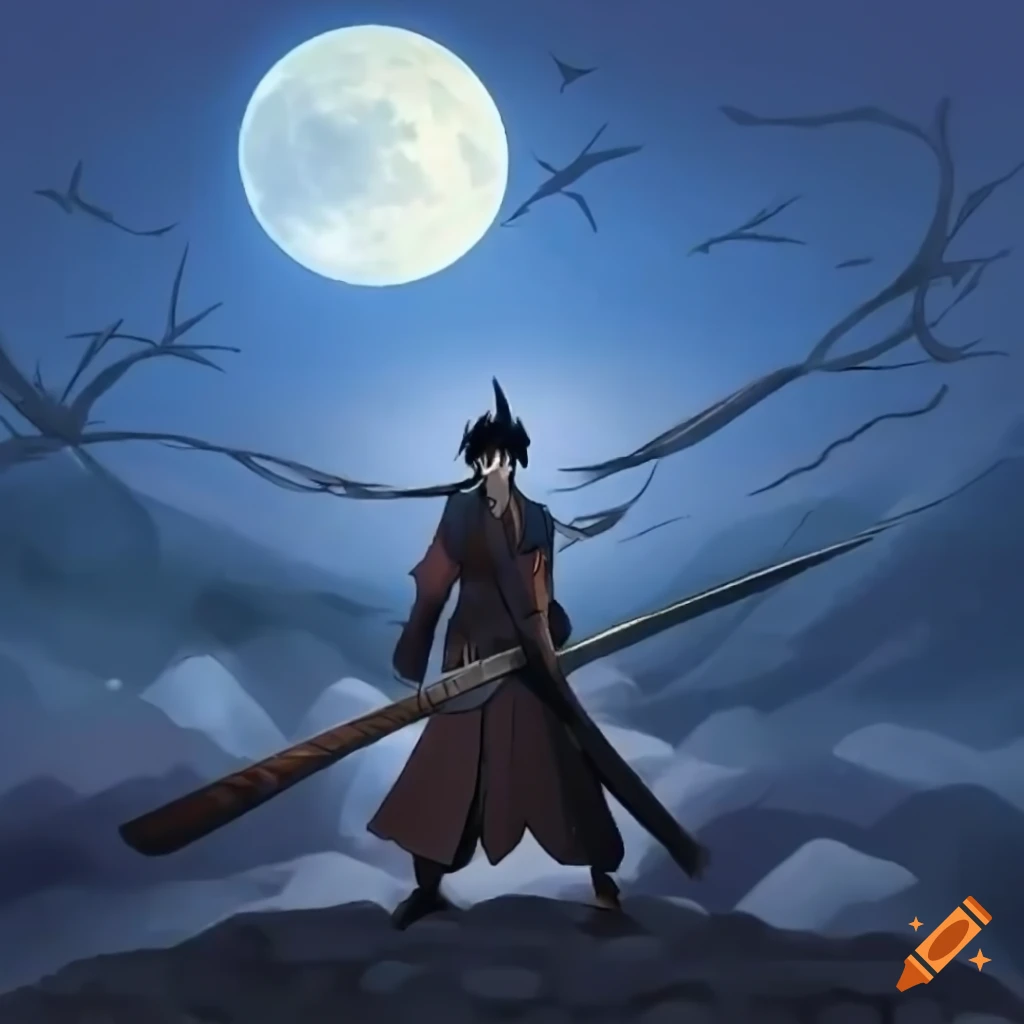 anime warrior standing in a moonlit village