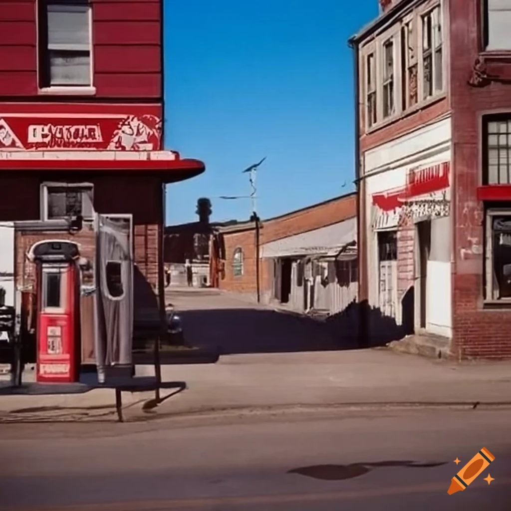 quaint 1950's town with a gas station
