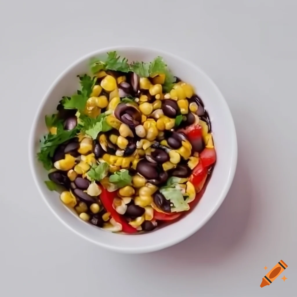 overhead shot of black bean corn salad in white cup