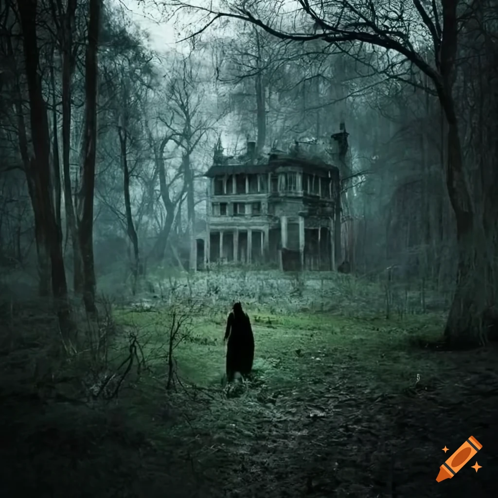 dark artwork of an abandoned mansion with a creepy demon lurking in the background