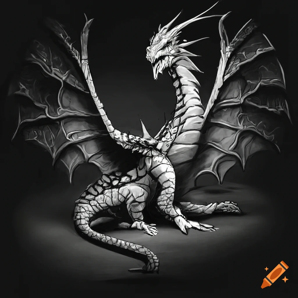 Black and white illustration of a resting dragon