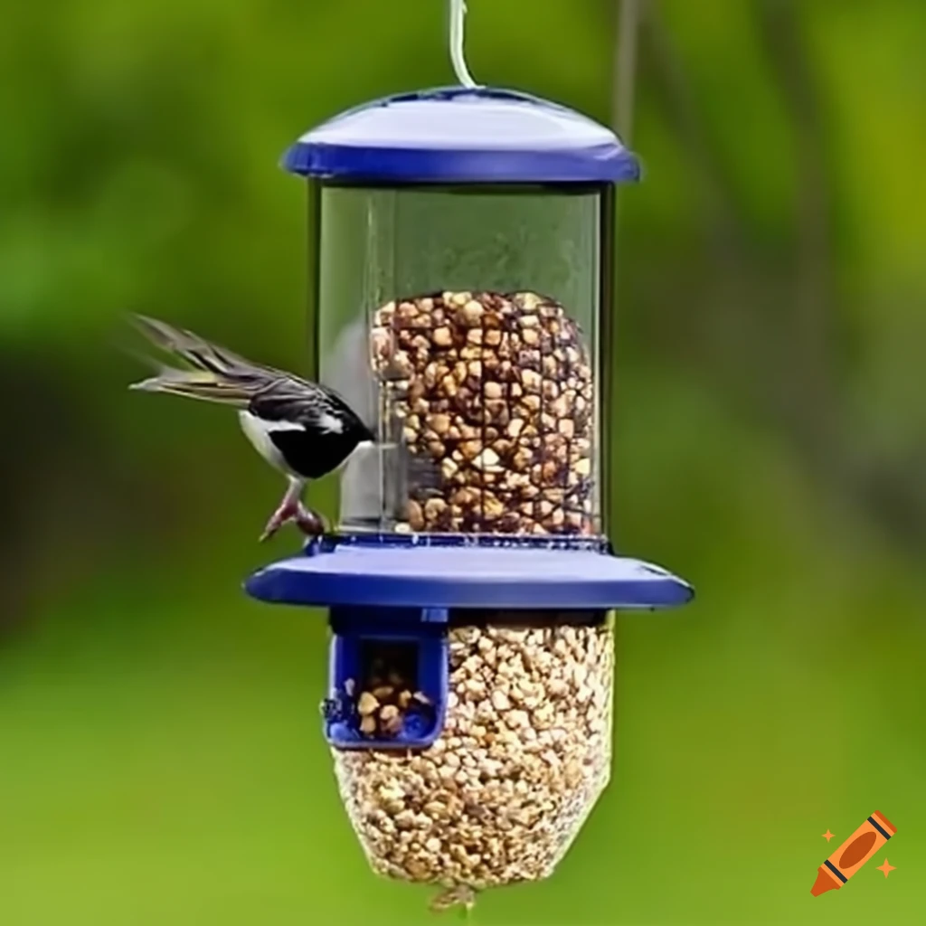 Birds eating quinoa from a bird feeder on Craiyon