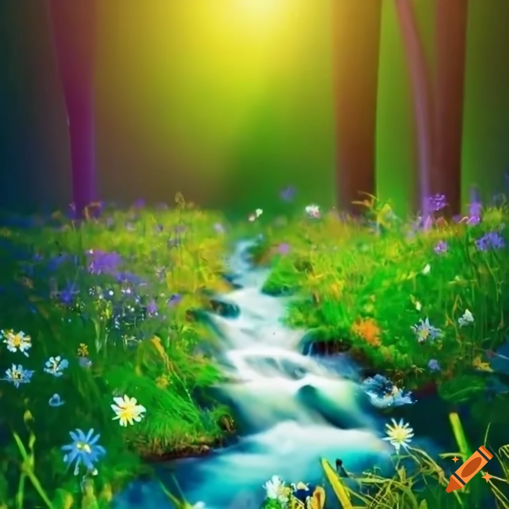 sunny meadow with a crystal clear stream and enchanted forest