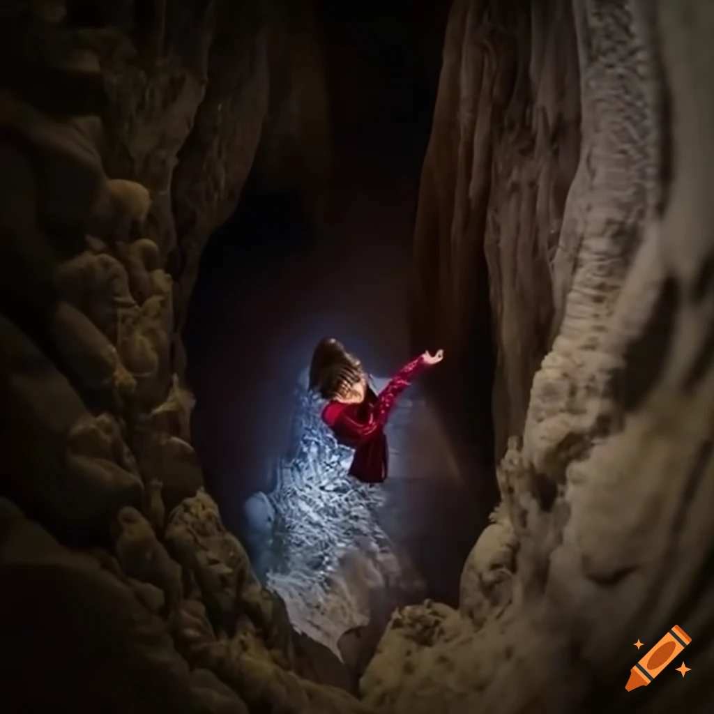 aerial shot of a woman falling into a cavern