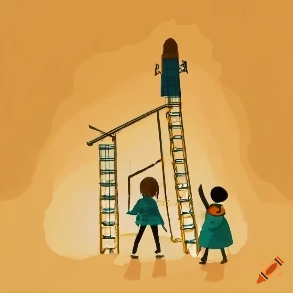illustration of a grand entrance of a shopping mall with a golden ladder