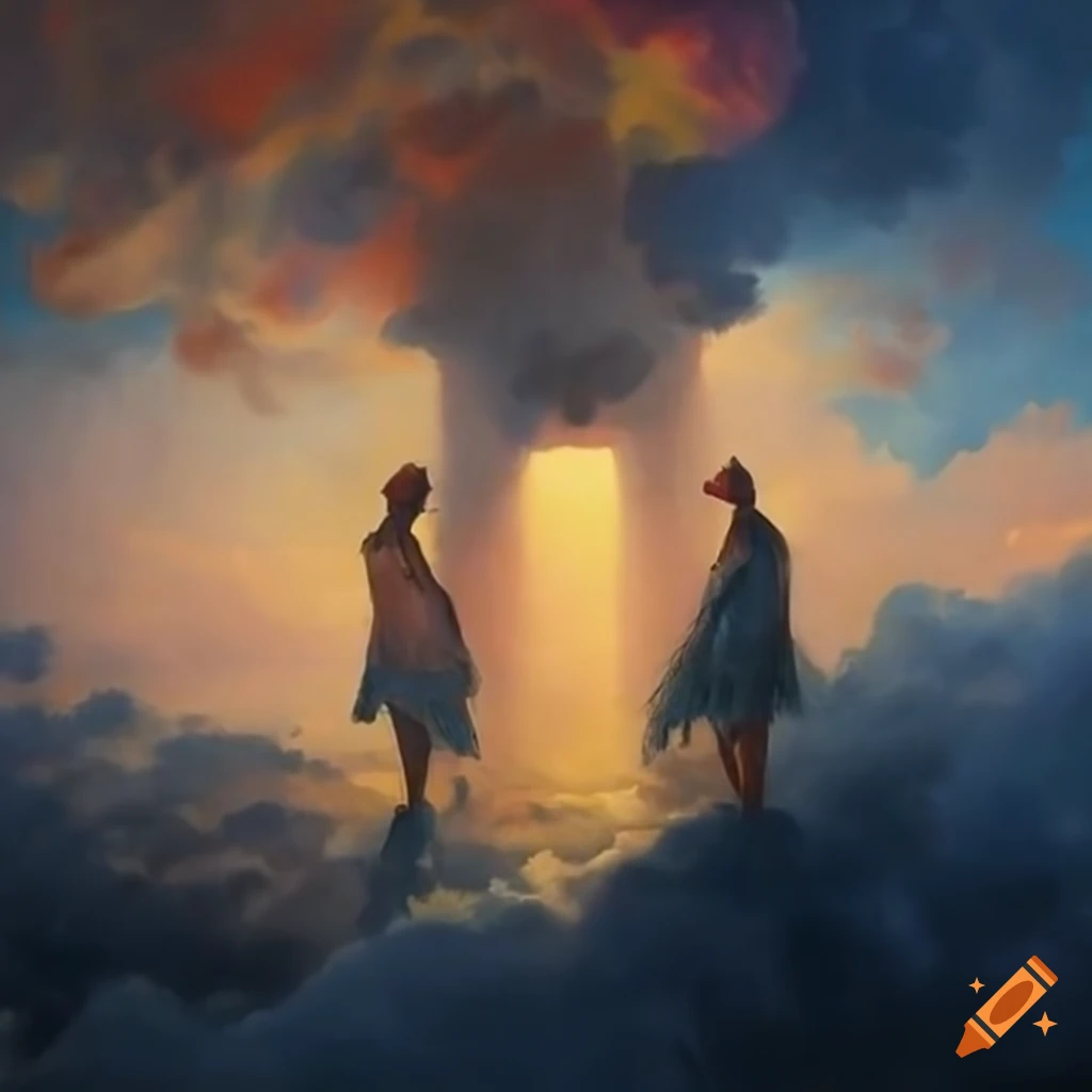 epic painting of two men on clouds