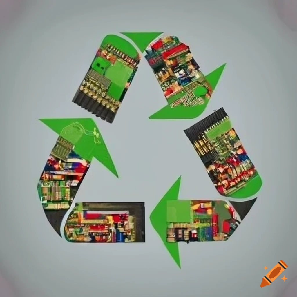 Collage of recycling symbol made from images of electrical and