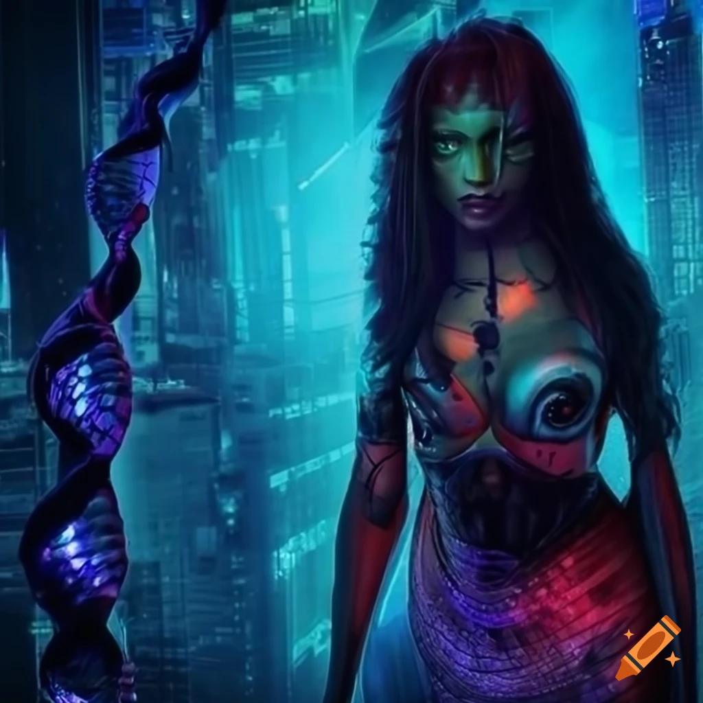 hyper-detailed cyberpunk cityscape with DNA strands