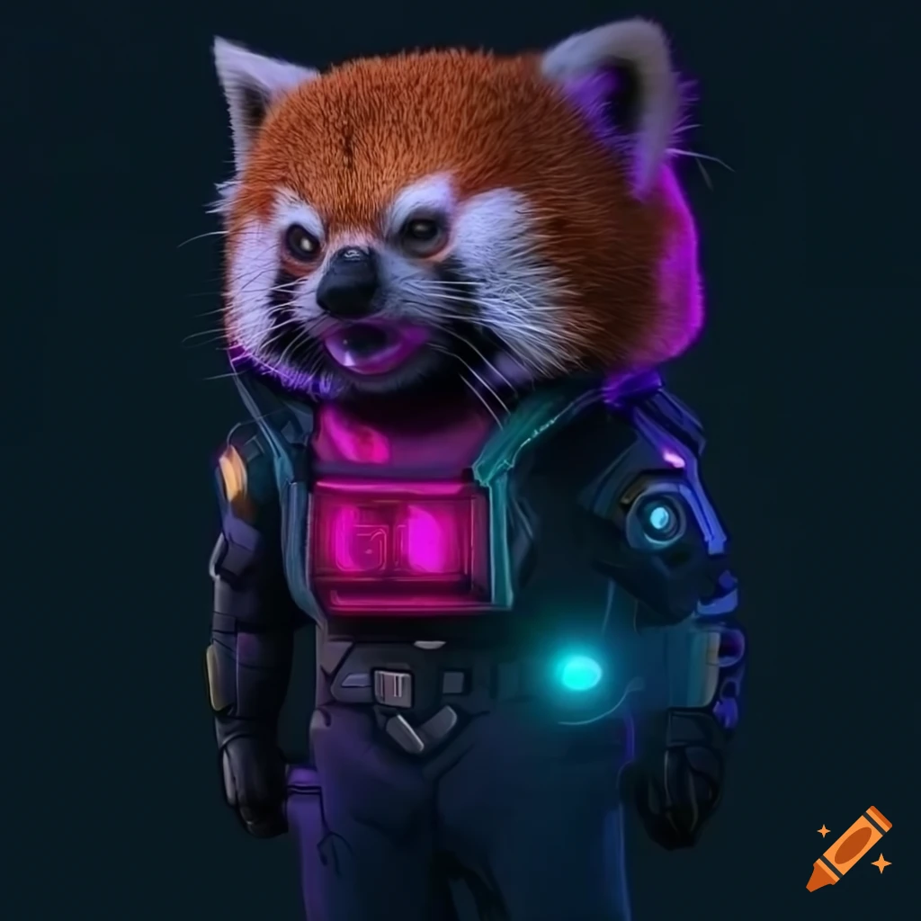 red panda in cyberpunk attire