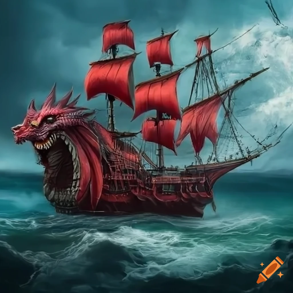 Epic Red Pirate Ship Sailing Through Stormy Waters On Craiyon