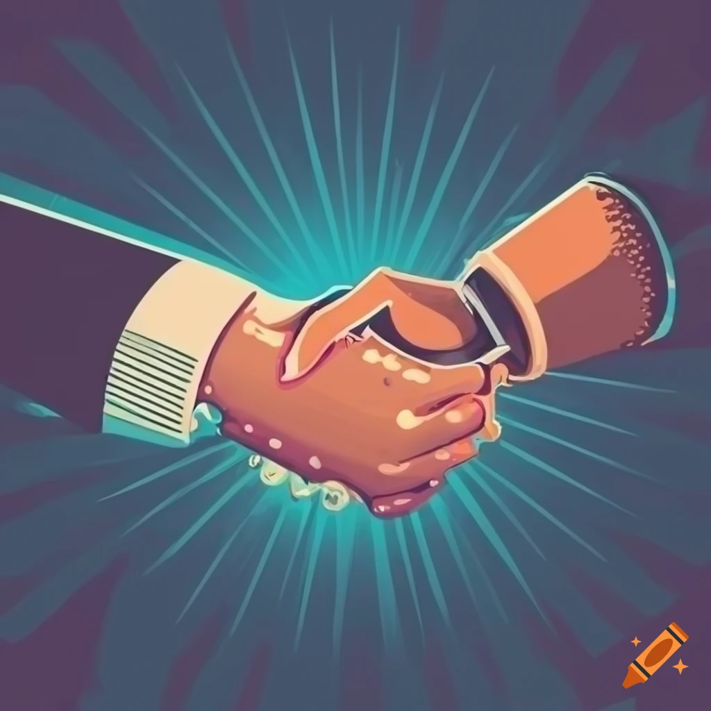 retro vector illustration of human and AI shaking hands