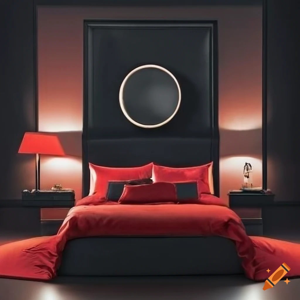 luxurious room with black leather walls and red silk bed