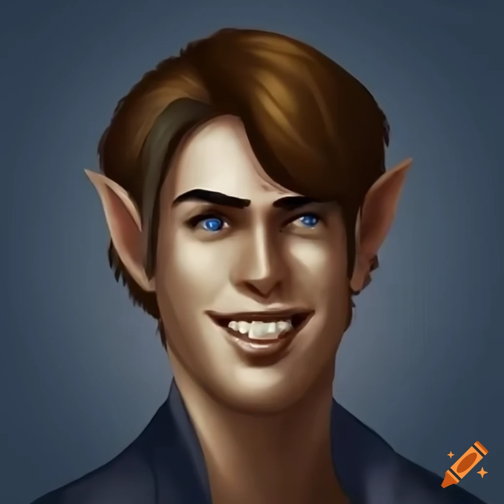 Handsome male vampire with piercing grey eyes and fangs