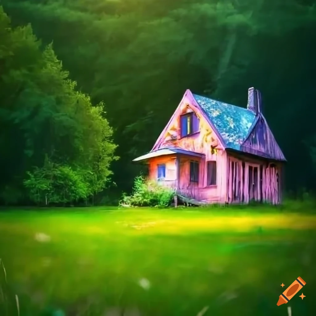 photo of a charming house on a meadow near an enchanted forest