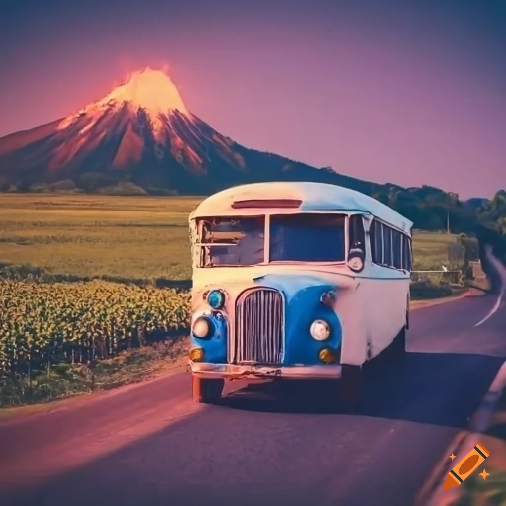 vintage bus in coffee plantation at sunset