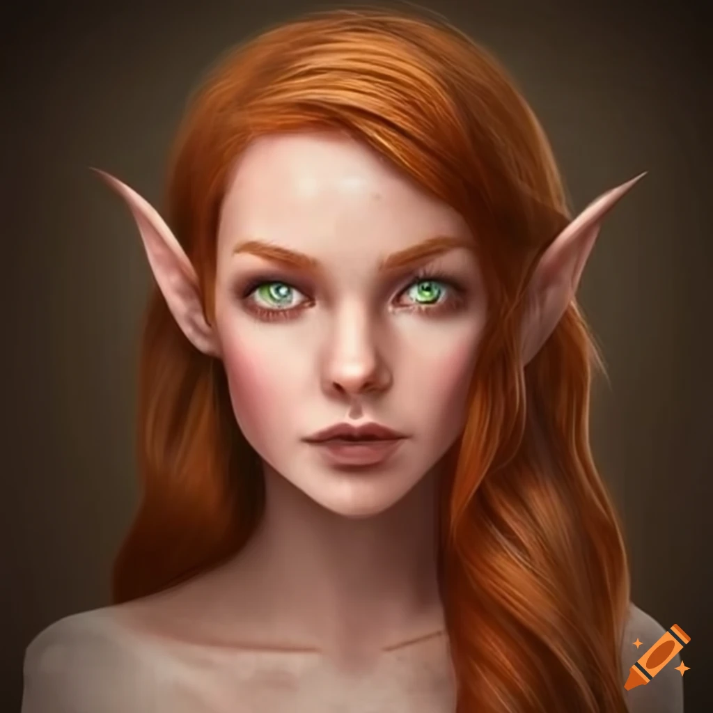 Portrait of a beautiful elven woman with auburn hair and green eyes on ...