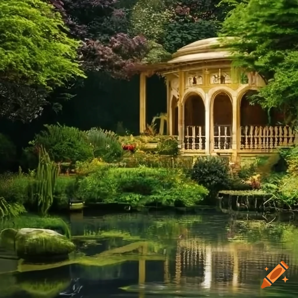 golden balcony overlooking a tranquil garden pond