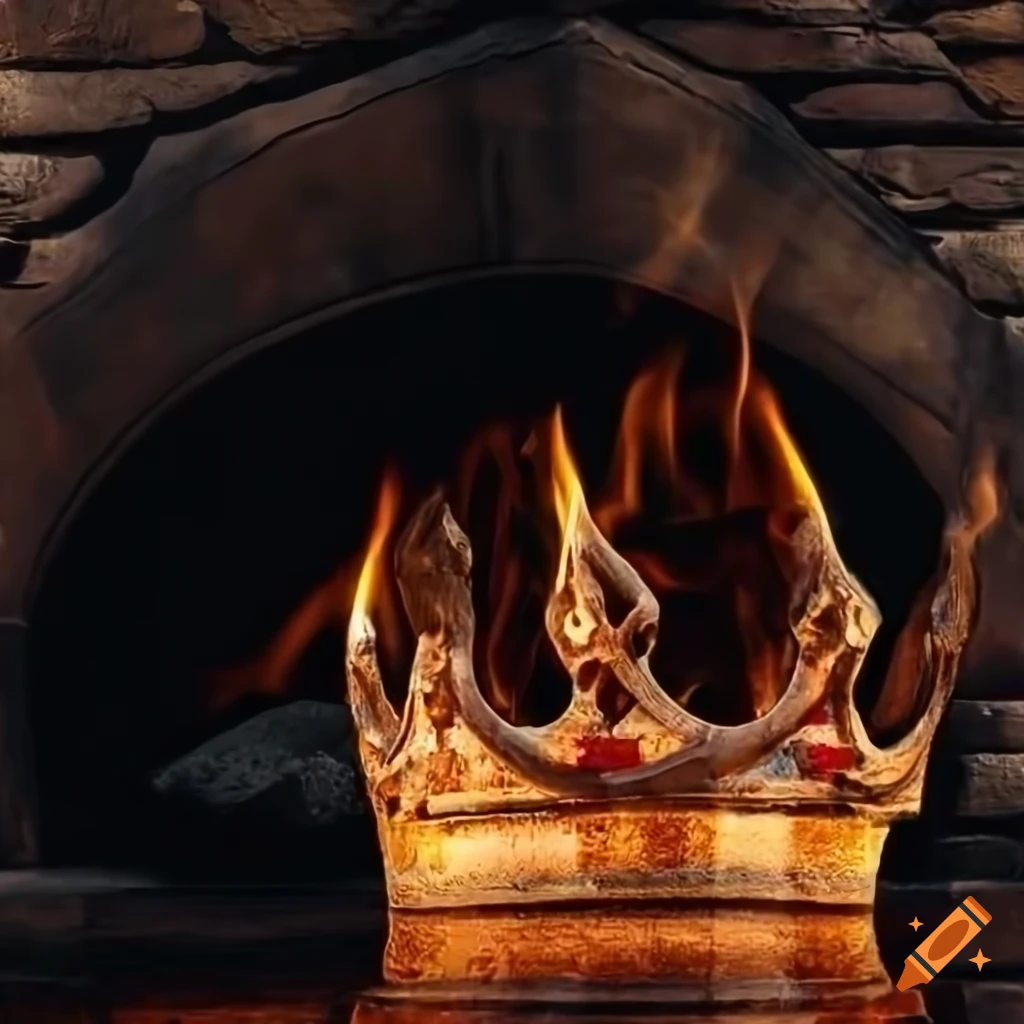 medieval crown engulfed in flames in a fireplace