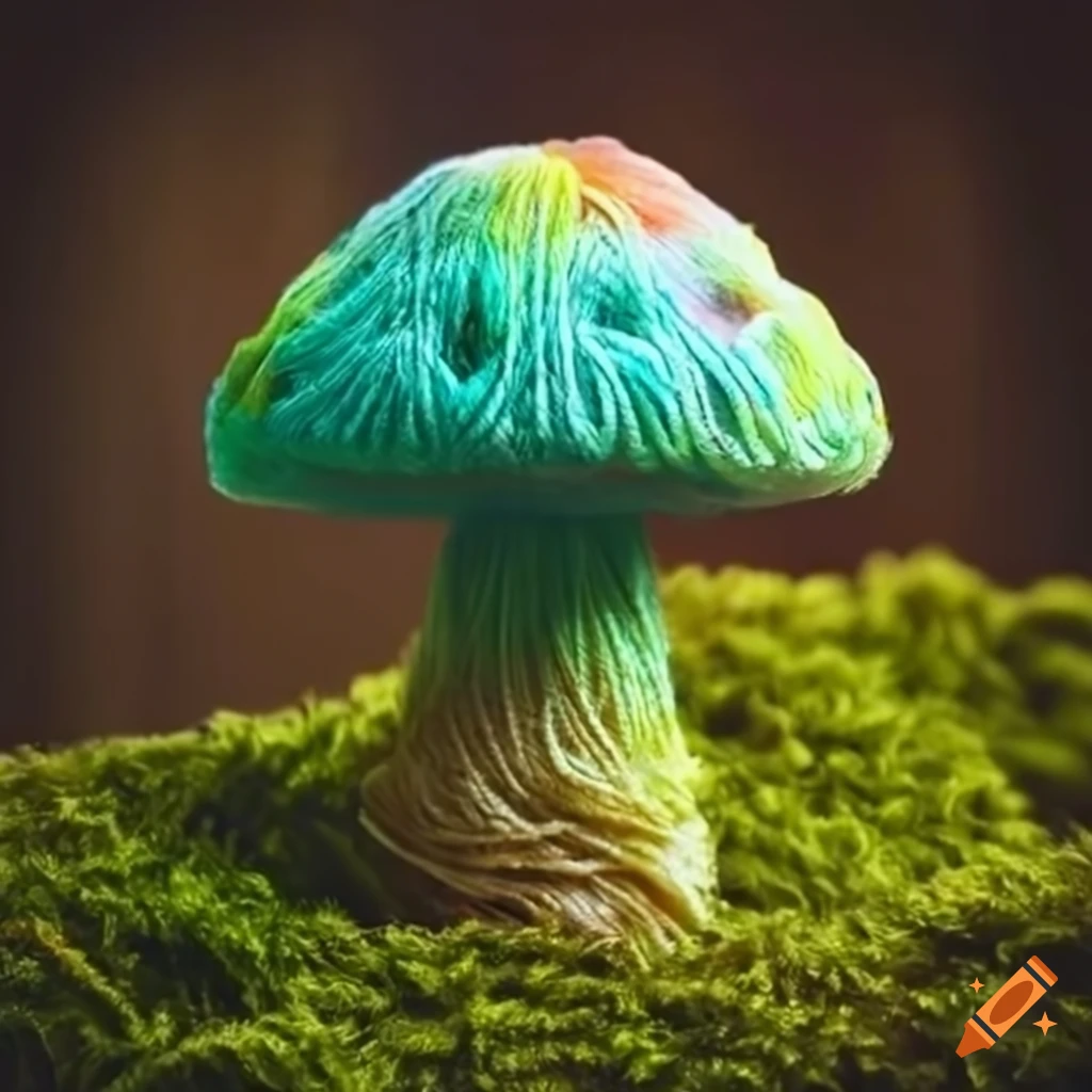 Colorful floss art mushroom on moss