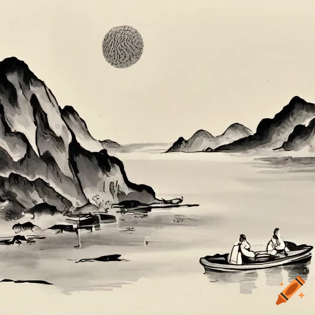 Chinese ink painting of a serene lake and a fishing boat on Craiyon