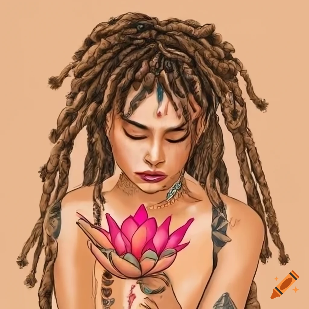 drawing of a boho girl with dreadlocks holding a lotus flower in a bathtub