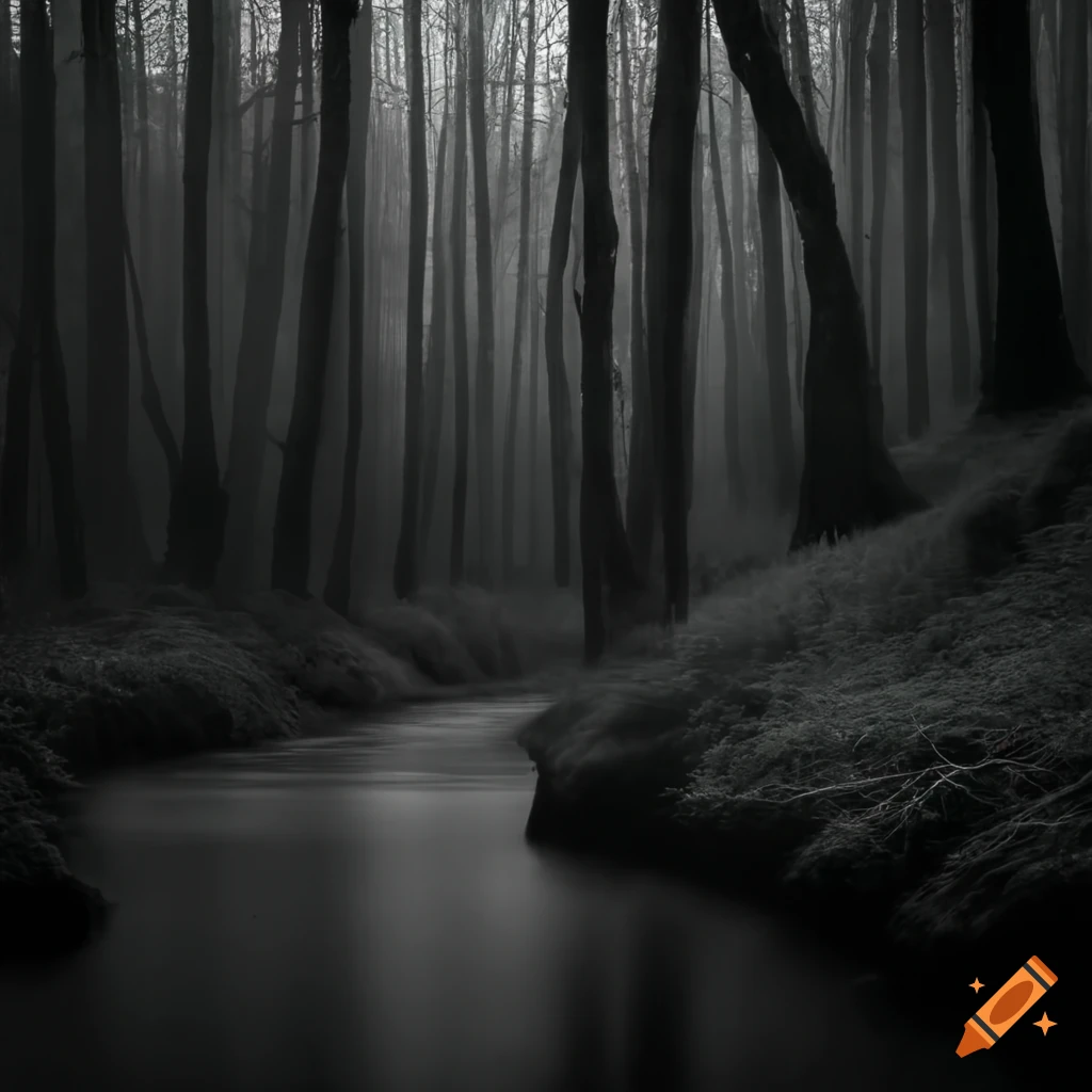 Dark and creepy forest with a river