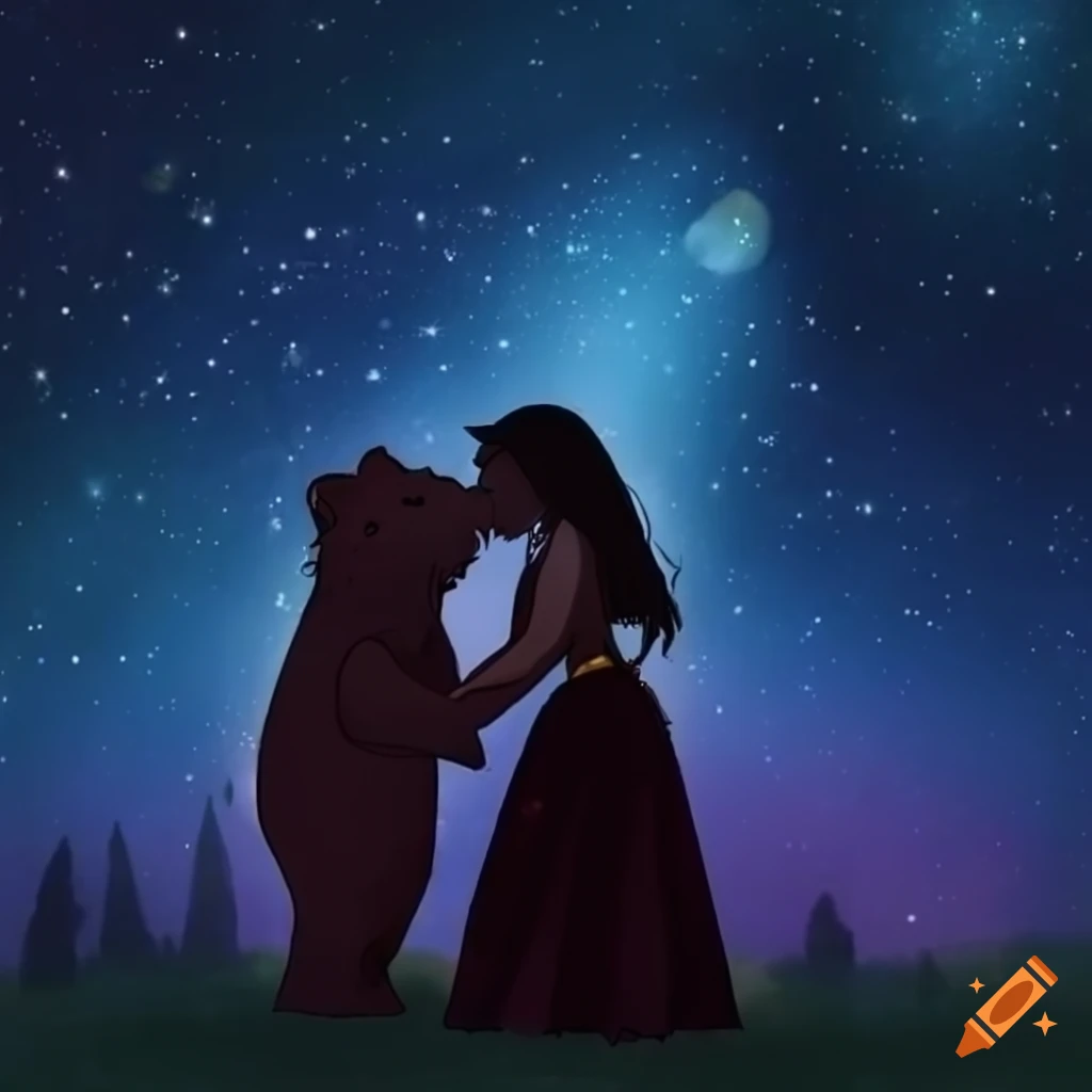Illustration of a bear and a princess under the stars on Craiyon