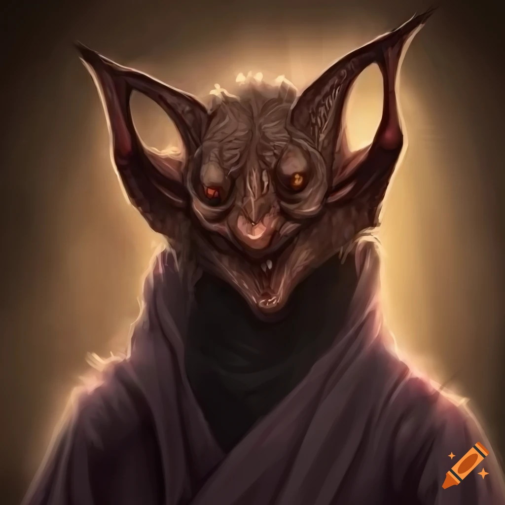 Portrait of an anthropomorphic bat character with cleric robes
