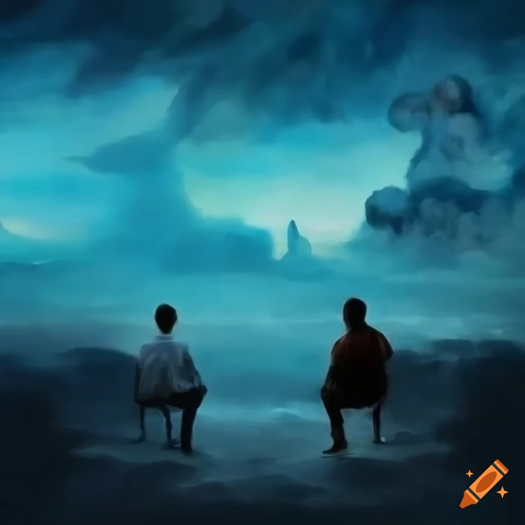 Epic painting of men on clouds observing humanity on craiyon