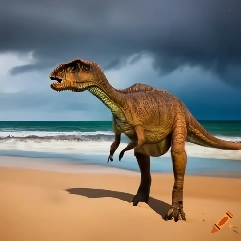 Dinosaur exploring a stormy beach