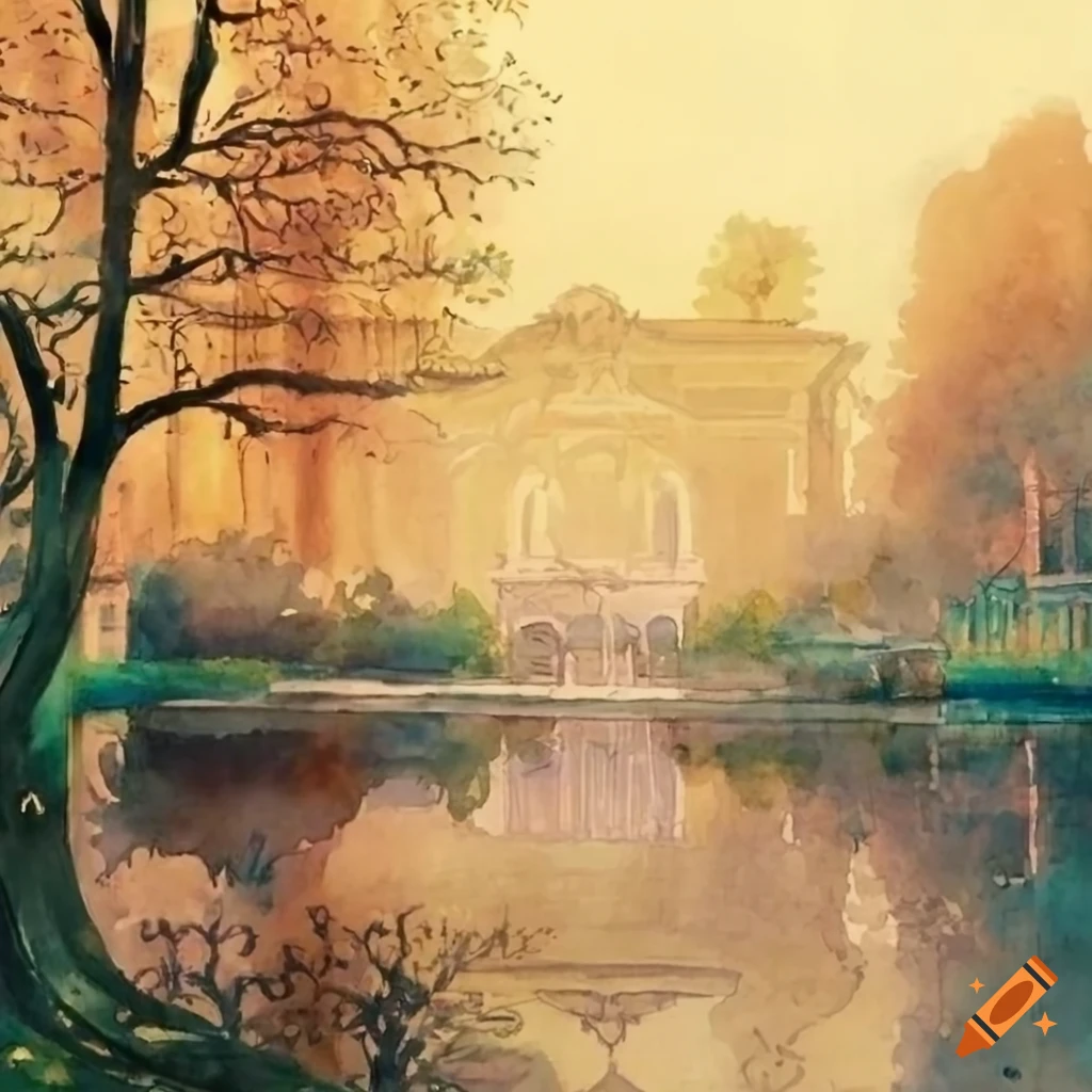 Aquarelle painting of a victorian garden with a golden rococo balcony ...