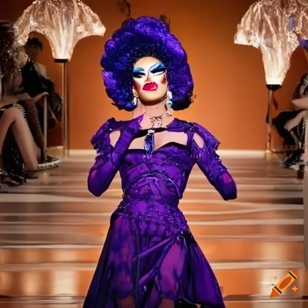 Fierce drag queen in birdthemed outfit on the runway