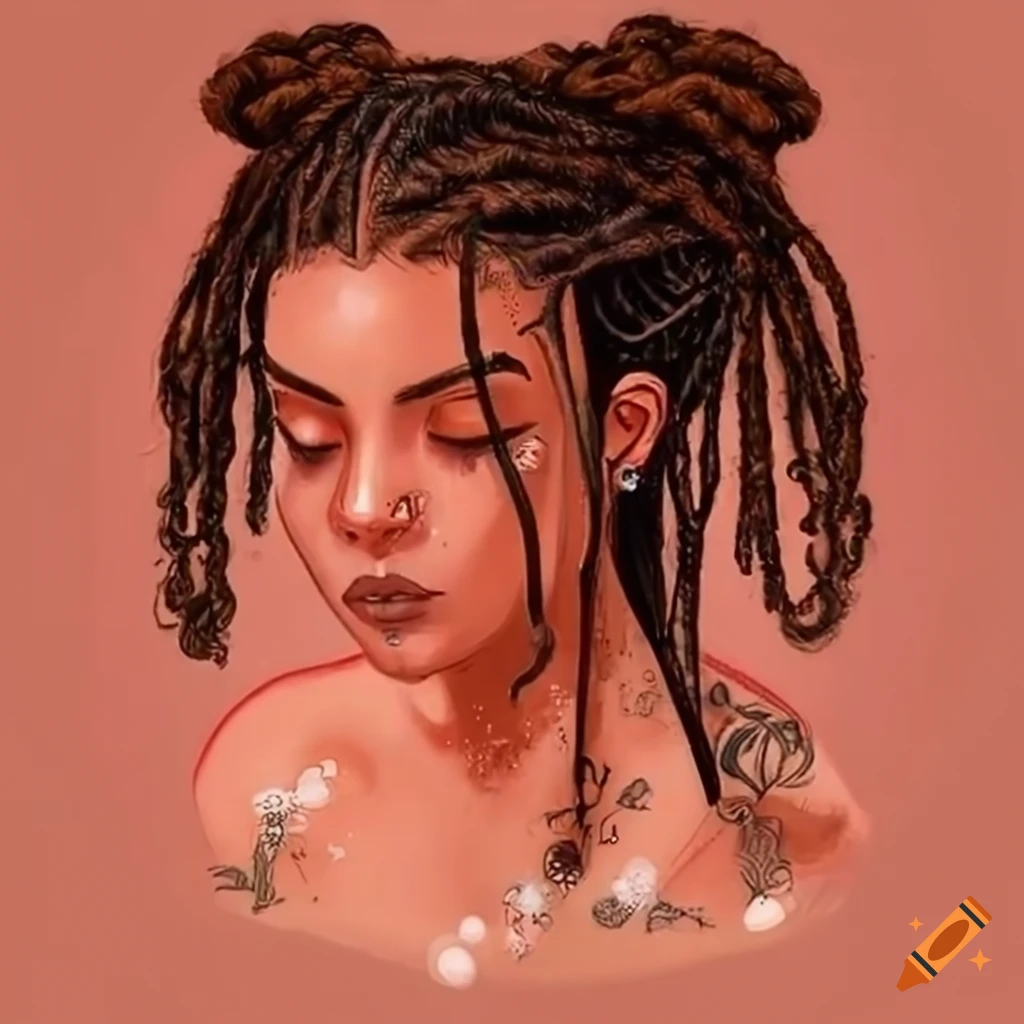 drawn image of a peaceful boho girl in a crystal-filled bath